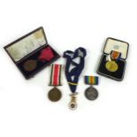 A mixed group of medals and awards, comprising WWI War and Victory medals, ribbons mistakenly