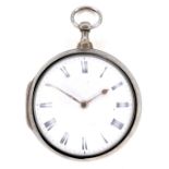 A George III silver pair cased open faced verge fusee pocket watch, the circular white enamel dial