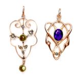 An Art Nouveau 9ct amethyst and pearl pendant, together with another 9ct gold pendant set with green