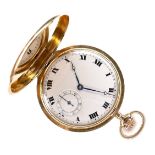 A Swiss 18ct gold cased full hunter pocket watch, circa 1920s, keyless wind, the unsigned silvered