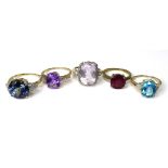 A group of five 9ct gold dress rings, with examples by Gemporia and The Genuine Gemstone Company,