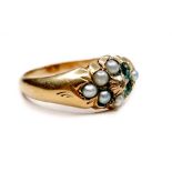 A gold ring set with six (missing two) seed pearls, marks rubbed, size L, 2.0g.