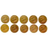 An impressive collection of ten Victorian gold sovereigns, comprising 1885 Melbourne Mint, 1886