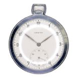 A Longines steel cased pocket watch, open faced, keyless wind, the circular silvered dial with