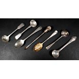 A group of four 18th and 19th century silver salt and mustard spoons, together with two teaspoons,