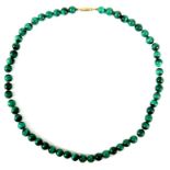 A malachite bead necklace, each spherical bead 8mm, 48cm long, 60.0g.