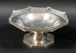 A silver pedestal bowl, of octagonal form with pierced gallery edge, raised on a tapering foot, 15.5