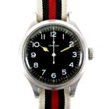 An Omega British Military issue RAF pilot's wristwatch, circular black dial with Arabic numerals,