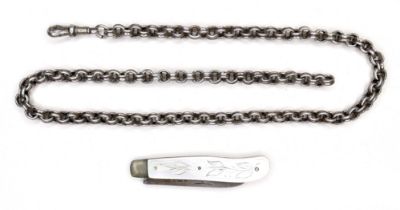 An Edwardian silver fob chain, 28.5g, 43cm, together with an Edwardian silver folding pocket fruit