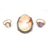 Two 9ct gold rings, comprising a rectangular cut amethyst stone ring, stone 10 by 7.9mm, size L, a