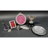 A collection of Victorian and later silver, including a a pin dish with heavily rubbed hallmarks,