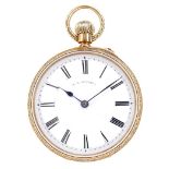 A Victorian 18ct gold open faced pocket watch, by T. R. Russell, keyless wind, foliate engraved