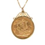An Edwardian gold sovereign pendant and 9ct gold necklace, comprising an Edward VII gold