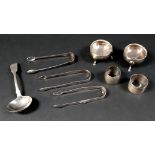 A group of Georgian and later silver items, comprising three pairs of sugar nips, two napkin