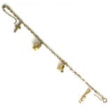 A 9ct gold fancy link charm bracelet, suspended with four 9ct gold charms, all marked, 18.5cm