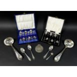 A collection of Victorian and later silver, including a pair of Victorian sauce ladles, both