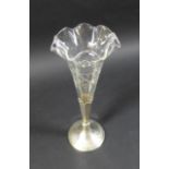 A silver posy vase stand and glass trumpet vase with frilled edge, indistinctly marked, possibly