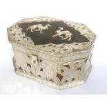 A vintage Persian wooden box, mounted with white metal decoration