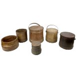A group of early 20th century oriental bamboo rice baskets, four with lids and swivel handles,