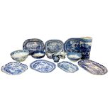 A collection of 19th century blue and white and later ceramics, including seven meat dishes,
