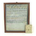 A Georgian sampler detailing the family tree of the Collins family, latest date 1806, framed and