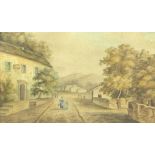 A 19th century watercolour of a village scene, depicting pub or Inn to left, 11.2 by 19.7cm, in gilt