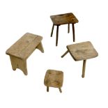 Four 19th century and later rustic oak stools, tallest 38 by 29 by 39cm high, widest stool with