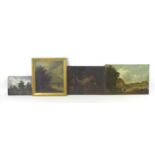 A collection of four oil paintings, two unframed on canvas of landscapes (English School), and