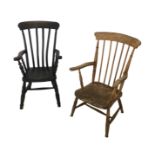 Two Windsor open armchairs, one with a slat back and the other with a stick back, both with