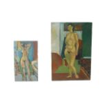 Gabor Miklossy (Romanian, 1912-1988): Two oil board female nude studies, a standing nude with