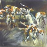 Debbie Harris (British, b. 1973): 'Cascade', a limited edition study of Foxhounds leaping over a