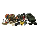 A collection of Action Man toys, comprising five action figures, an armoured car and a jeep,
