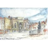 Jago Stone (British, 1928-1988): 'The Bull Ring, Birmingham', a pen and watercolour study, signed
