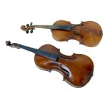 Two early 20th century violins, comprising one bearing label 'Antonius & Hieronym Fr. A..