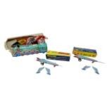 Three Chinese tin-plate toys, comprising two Universe Friction Rockets and a Puff-Puff Loco, all