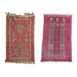 Two prayer rugs, one with red ground, and diamond medallions and spandrels with serrated edge, 145