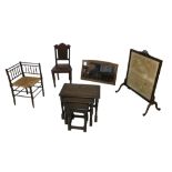 A group of furniture, comprising a Victorian corner chair with rush seat, an oak framed wall mirror,
