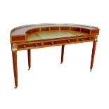 A 20th century demi-lune writing desk, with gilt metal galleried top with eight small drawers