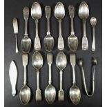 A collection of silver flatware, including a group of late Georgian teaspoons, fiddle, thread and