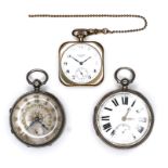 A group of three pocket watches, comprising a gold plated Waltham with square case, 42.5mm, with a