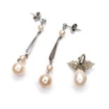 A pair of white metal and pearl drop earrings, 4.5cm high overall, 3.2g, together with a white metal