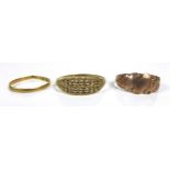 A group of jewellery, comprising a 22ct gold band, size L, 0.7g a/f, two 9ct gold rings, size V (one