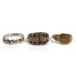 Three 9ct gold rings, comprising a signet ring with blank cartouche, size L, 1.4g, six stone diamond