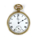 A 9ct gold Waltham open faced pocket watch, with Roman numeral dial, subsidiary seconds dial, dial