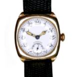 An Art Deco Longines 9ct gold cushion cased wristwatch