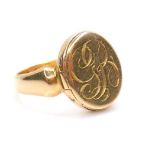 A 19th century 18ct yellow gold ring, possibly for snuff or poison, the oval face engraved 'GR', and