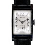 An Art Deco Rolex chrome plated gentleman's tank wristwatch, rectangular dial with black Breguet