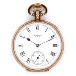 A 9ct gold Waltham open faced pocket watch, circa 1925, keyless wind, the white enamel dial with