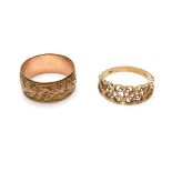 Two 9ct gold rings, one a Victorian 9ct yellow gold band with a relief foliate design, 8.5mm wide,