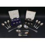 A collection of mixed silver flatware, including two 18th century style dog nosed spoons, each